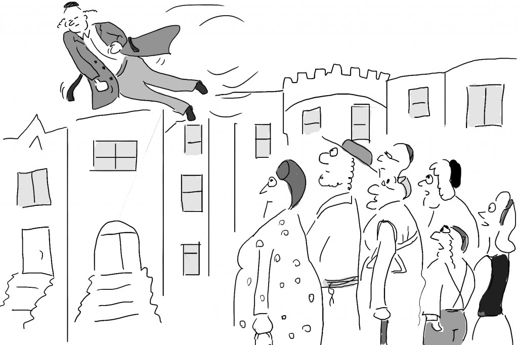 A Hasidic superman flying over the crowd