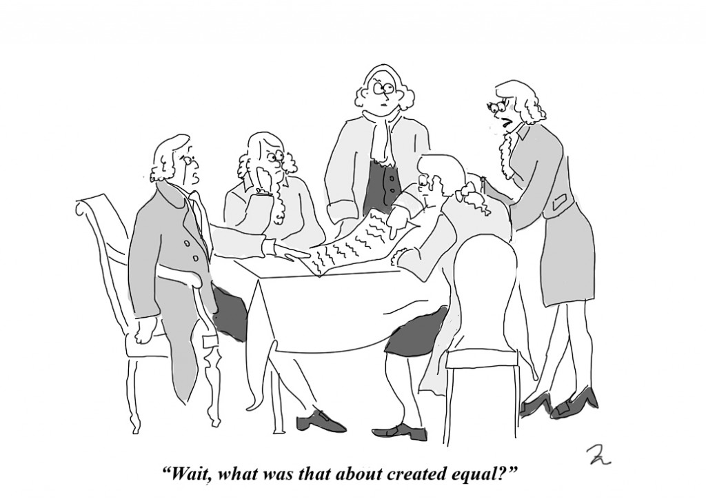 A woman asks about being created equal from the writers of the declaration of independence