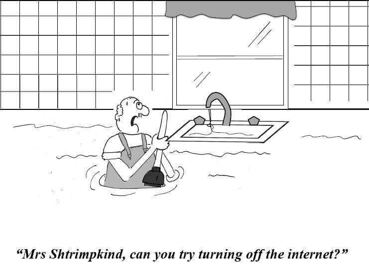 A plumber asks Mrs. Shtrimpkind to turn off the Internet to stop the flood