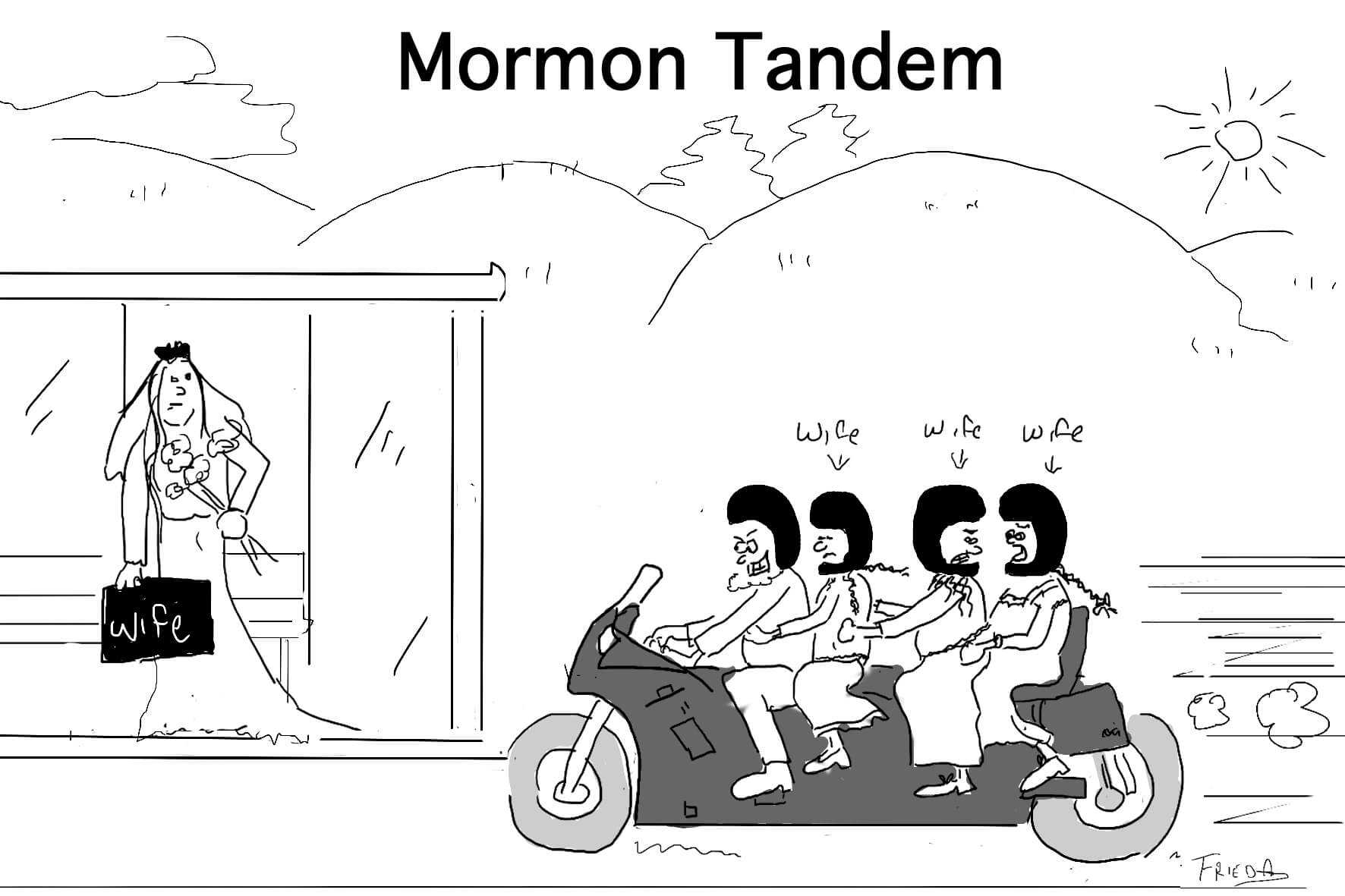 Mormon wives riding with their husband on a tandem motorcycle to meet a new wife
