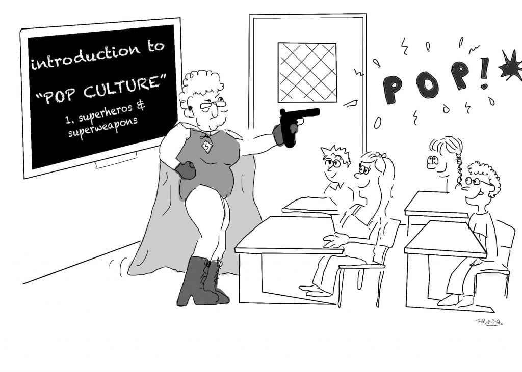A superhero teaching pop culture by explaining how to pop someone with a gun