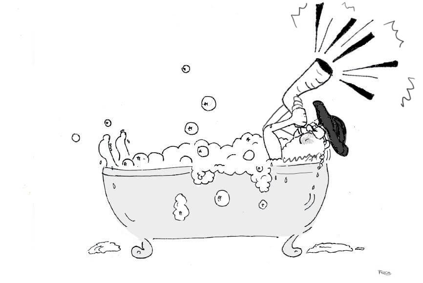 A man blowing a shofar in the bathtub